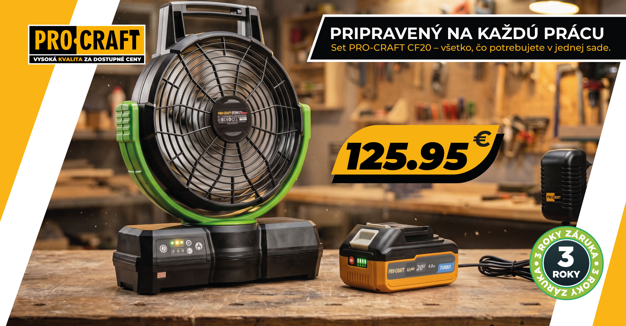 Sada aku ventilátor Procraft CF20 + batéria 20/4 Turbo a nabíjačka 20/1 ATA-40