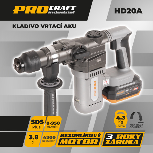 Akumulátorové vŕtacie kladivo Procraft Industrial HD20A - 2