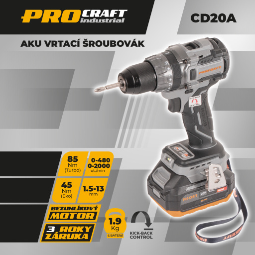 Akumulátorový vŕtací skrutkovač Procraft Industrial CD20A - 39