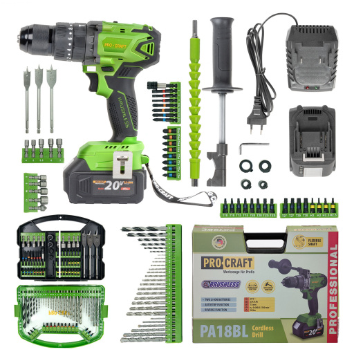 Bezuhlíková aku príklepová vŕtačka Procraft SPA18BL so sadou bitov DBS-101 - 1