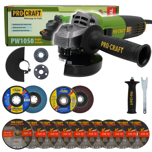 Uhlová brúska Procraft PW1050 + 10x rezací kotúč CD125x1,0 , 2x lamelový kotúč - 1