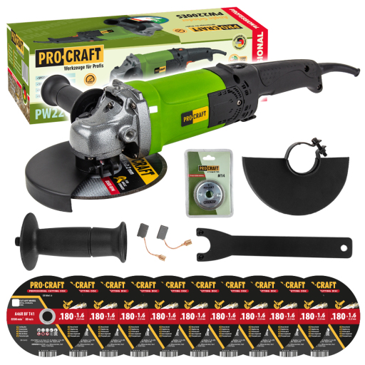 Uhlová brúska Procraft PW2200ES + rýchloupínacia matica RM14, 10x rezací kotúč CD180x1,6 - 1