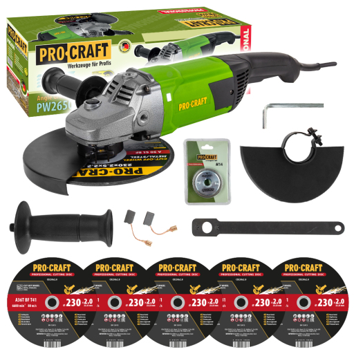 Uhlová brúska Procraft PW2650 + rýchloupínacia matica RM14, 5x rezací kotúč CD230x2.0 - 1