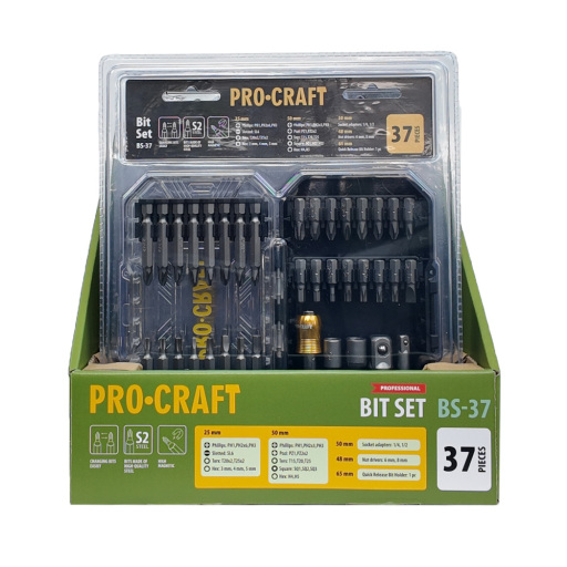 Aku vŕtací skrutkovač Procraft PA18LiH so sadou bitov BS-37 - 12