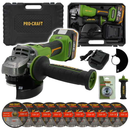 Aku uhlová brúska Procraft PWA220 + rýchloupínacia matica, 10× rezací kotúč CD125×1.0 - 1