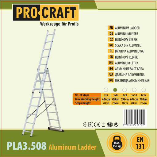 Trojdielny hliníkový rebrík 3x8 Procraft PLA3.508 - 2