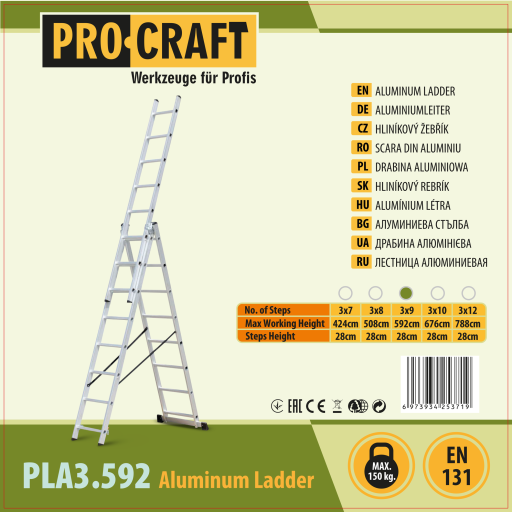 Trojdielny hliníkový rebrík 3x9 Procraft PLA3.592 - 2